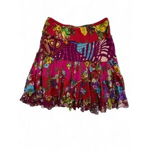 etc. Womens Cotton Tiered Mini Skirt Floral Patchwork Boho Red Pink Large